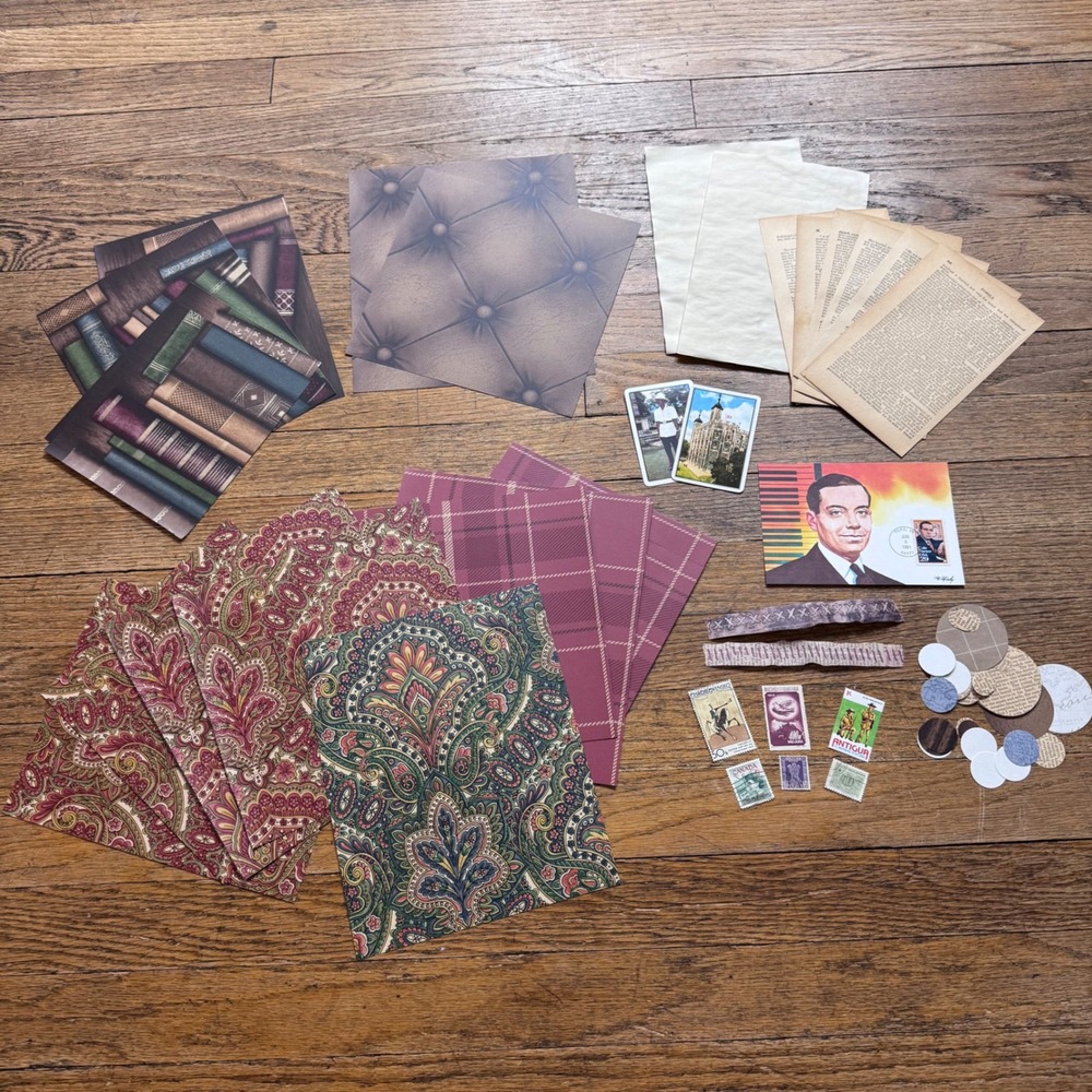 Junk journal Wallpaper, stamps, circles, cards postcard ephemera pack 2317